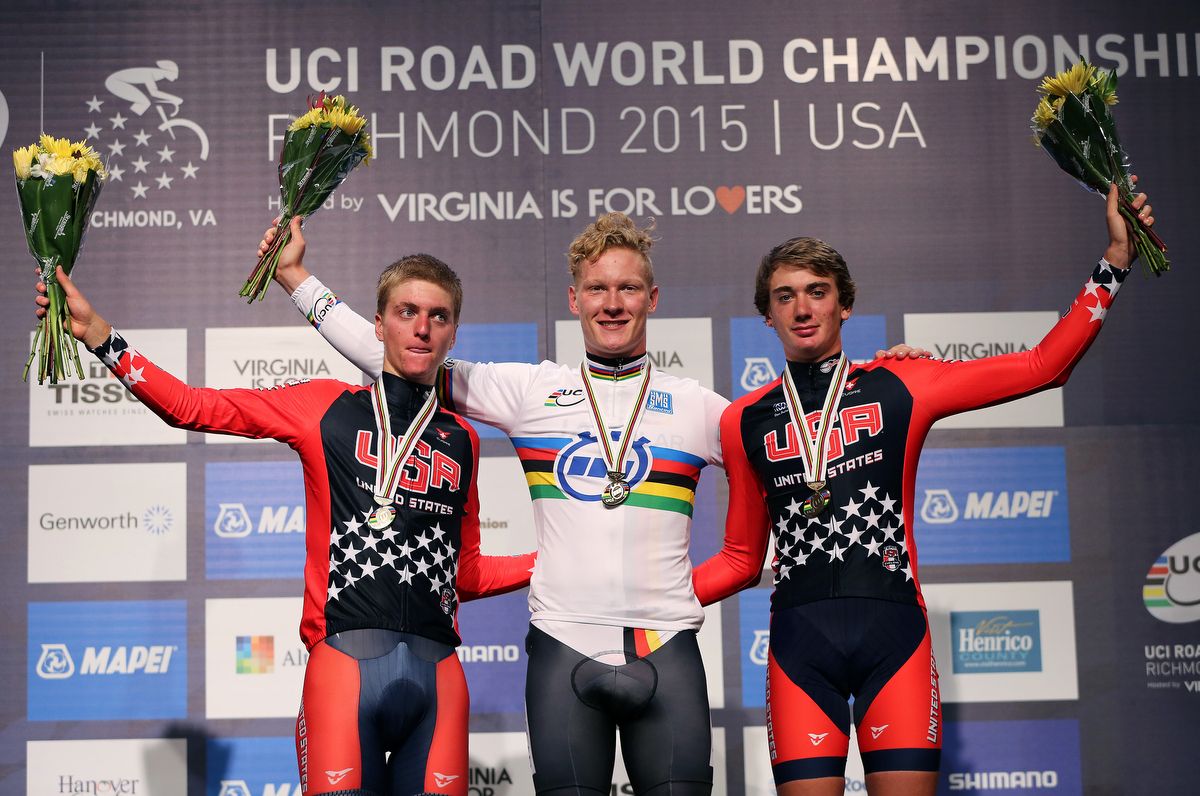 Leo Appelt in the middle of a USA sandwich on the junior men's time trial podium with Adrien Costa on the left and Brandon McNulty on the right