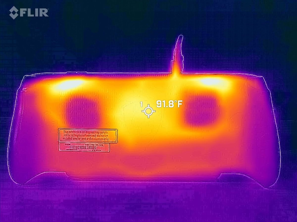 Rear thermal view of the console under load, showing two cooler circular intake areas over the internal fans and a center chassis temperature of 91.8&deg;F.