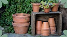 picture of terracotta pots with plants in them and empty ones stacked 