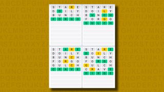 Quordle daily sequence answers for game 870 on a yellow background