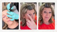 ruth langsford pictured in one image having he reyebrows tattooed and beside, two pictures wearing an orange top with her hair in a roller touching her eyebrow and smiling