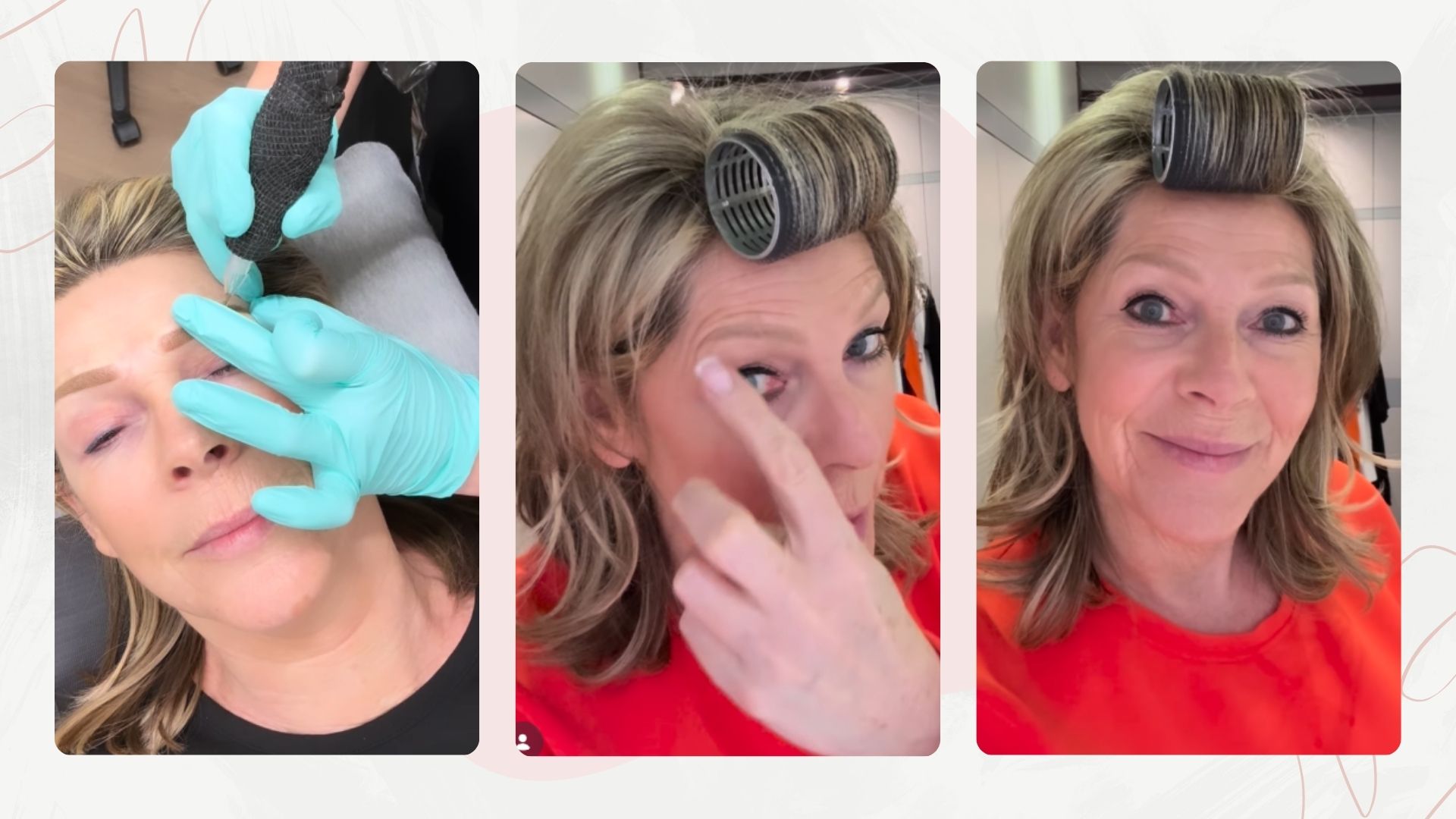 ruth langsford pictured in one image having he reyebrows tattooed and beside, two pictures wearing an orange top with her hair in a roller touching her eyebrow and smiling