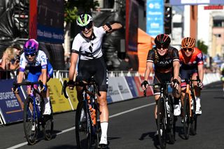 ADELAIDE AUSTRALIA JANUARY 14 Ally Wollaston of New Zealand and New Zealand National Team celebrates at finish line as race winner during the 23rd Santos Tour Down Under 2023 Schwalbe Classic Womens Elite TourDownUnder on January 14 2023 in Adelaide Australia Photo by Tim de WaeleGetty Images