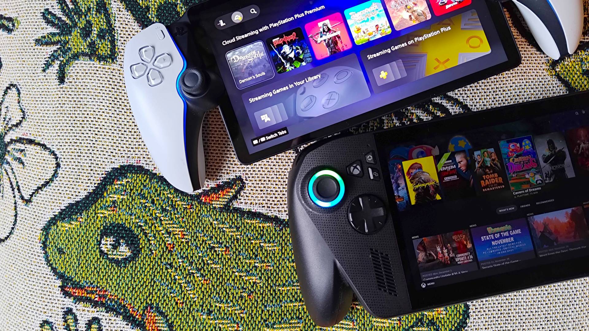 PS Portal next to Xbox Ally X with Steam and PS Plus stores open respectively.