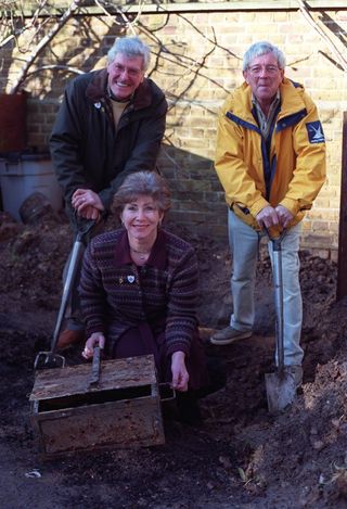 John Noakes, right, with former Blue Peter presenters Peter Purves and Val Singleton, dig up the Time Capsule in 2000