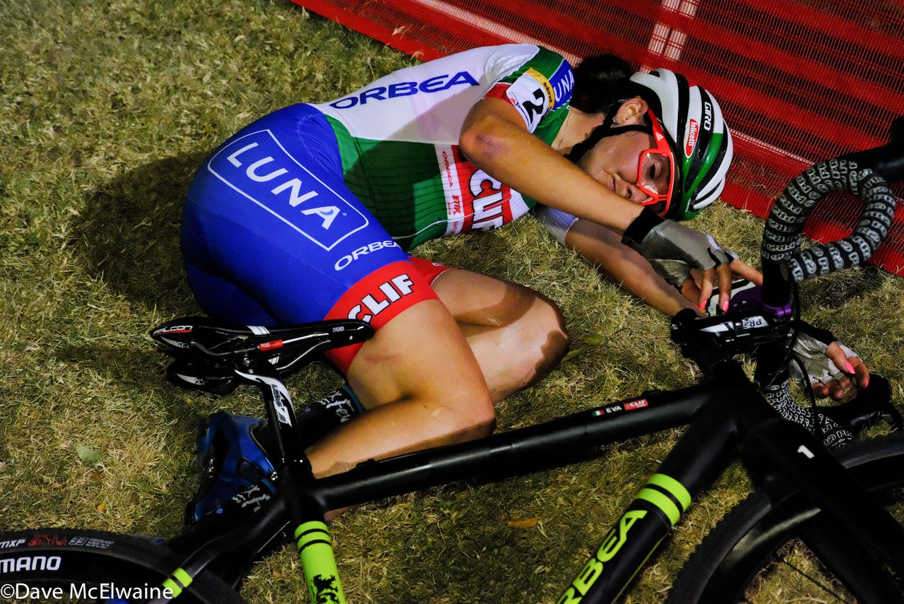 Eva Lechner shows the pain of her effort at CrossVegas