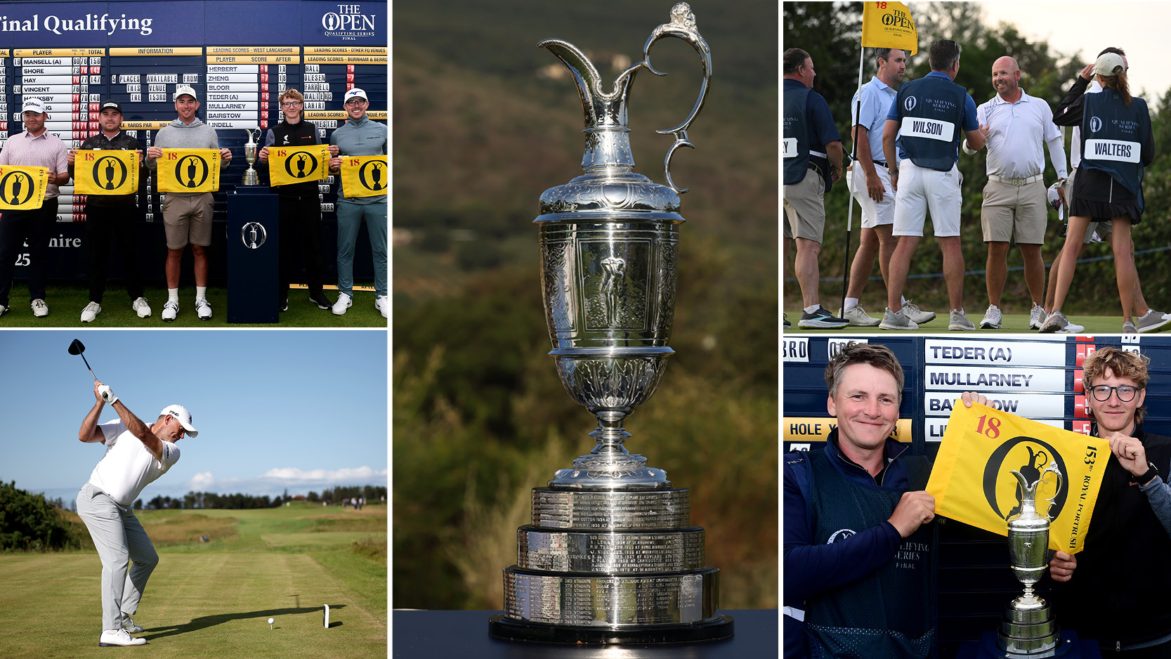 The Claret Jug surrounded by various golfers