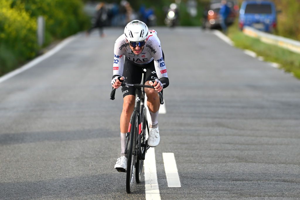 ESTELLALIZARRA SPAIN MARCH 30 Brandon Mcnulty of The United States and UAE Team Emirates attacks in the breakaway during the 33rd Gran Premio Miguel Indurain 2024 a 1981km one day race from EstellaLizarra to EstellaLizarra on March 30 2024 in EstellaLizarra Spain Photo by Tim de WaeleGetty Images