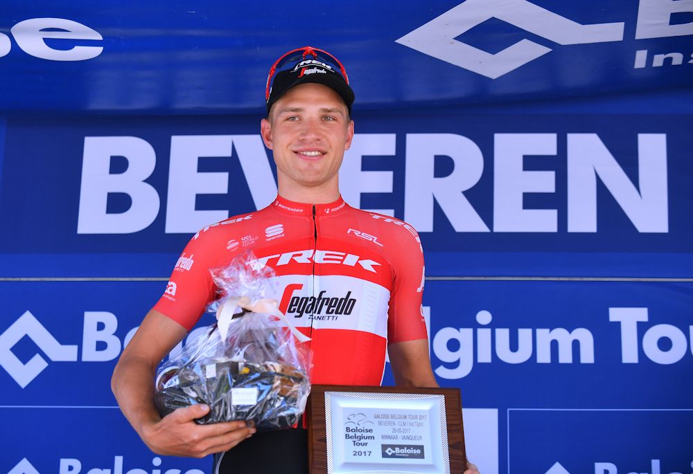 Matthias Brandle on the podium after winning stage 3 at the Belgium Tour