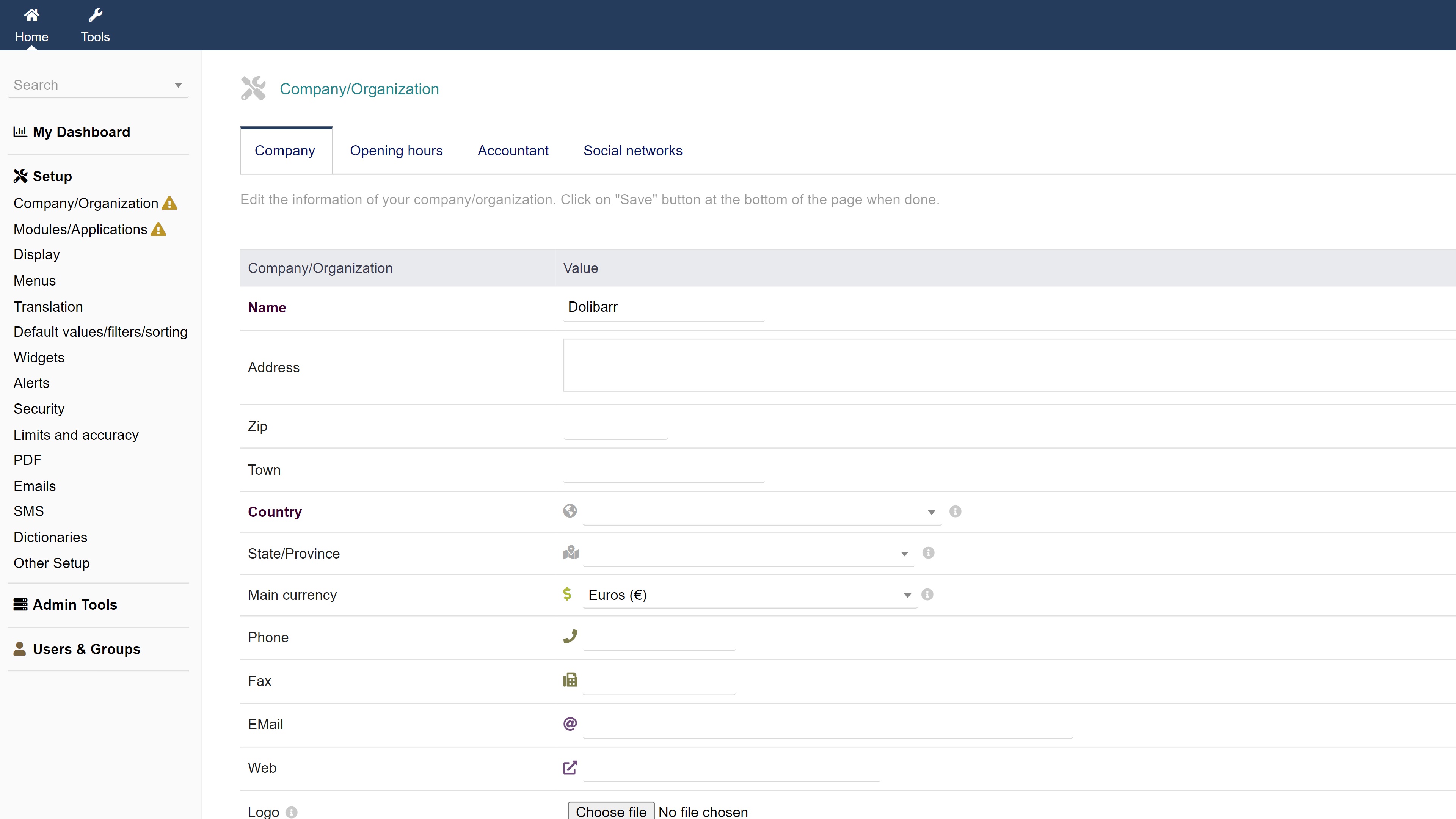 Dolibarr company settings menu
