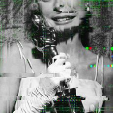 Black-and-white close-up of a woman in white gloves holding a statuette, with heavy digital glitch effects and colored pixel distortions obscuring parts of her face and body.