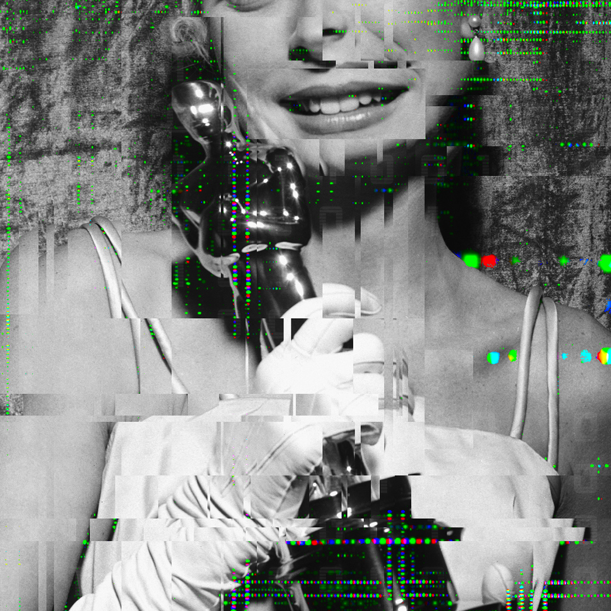 Black-and-white close-up of a woman in white gloves holding a statuette, with heavy digital glitch effects and colored pixel distortions obscuring parts of her face and body.