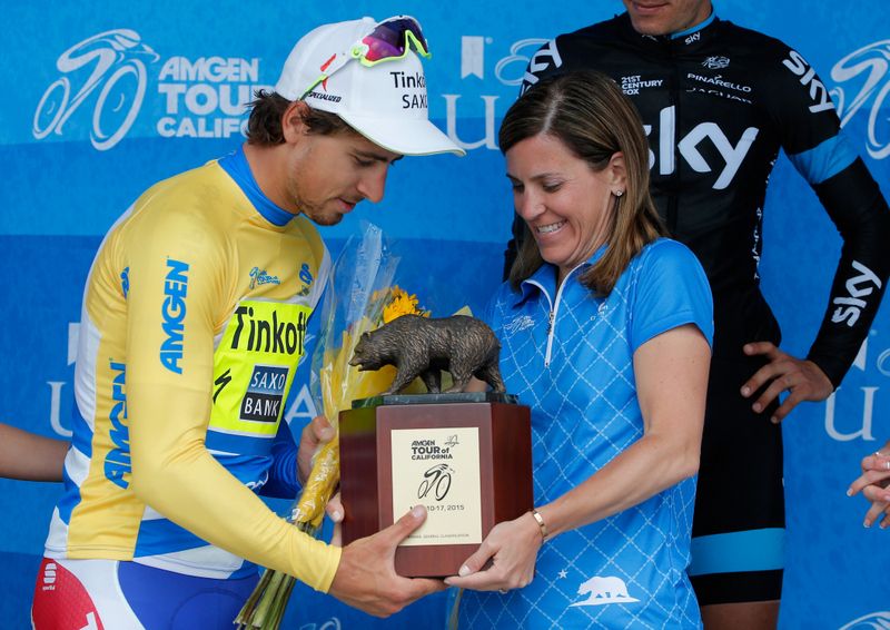 Peter Sagan (Tinkoff-Saxo) presented with the winners trophy on the podium