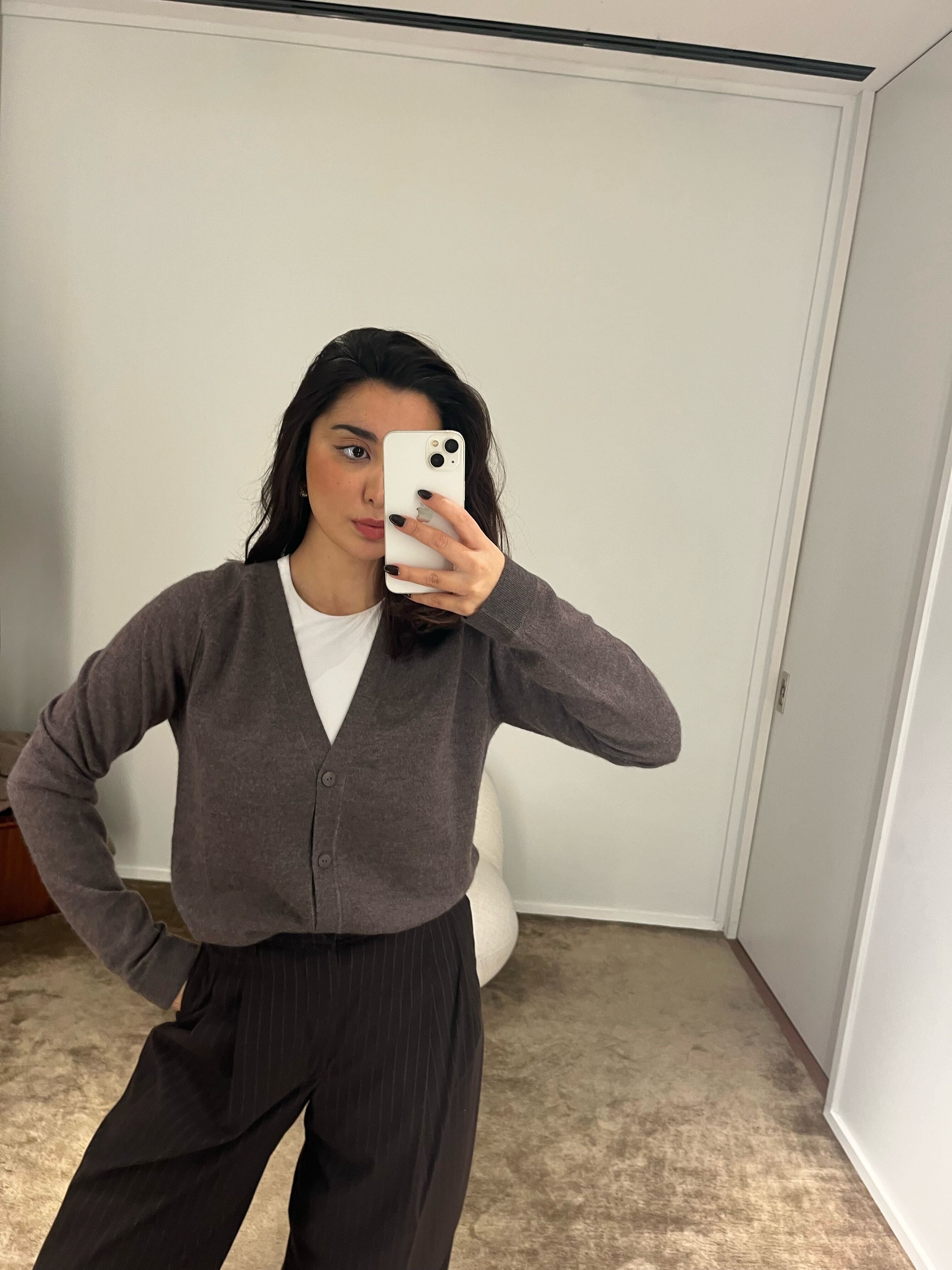 Senior Shopping Editor Marina wearing The Row cardigan