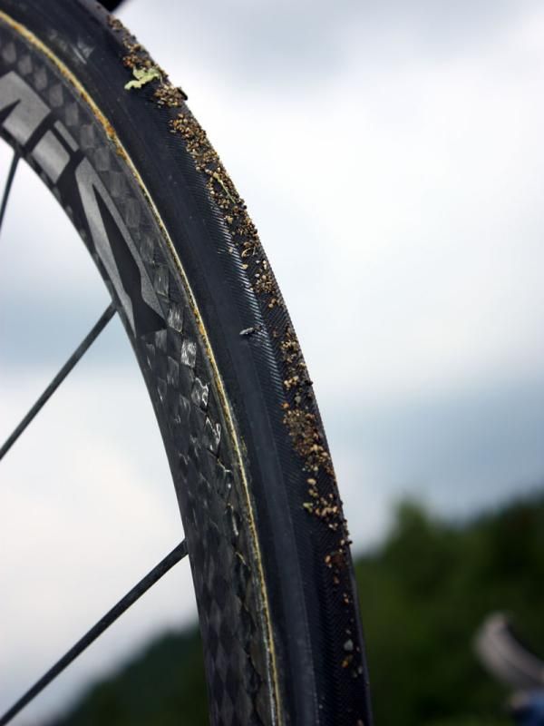 Stage 7 was especially hot and left melted tar and pebbles stuck to the tires.