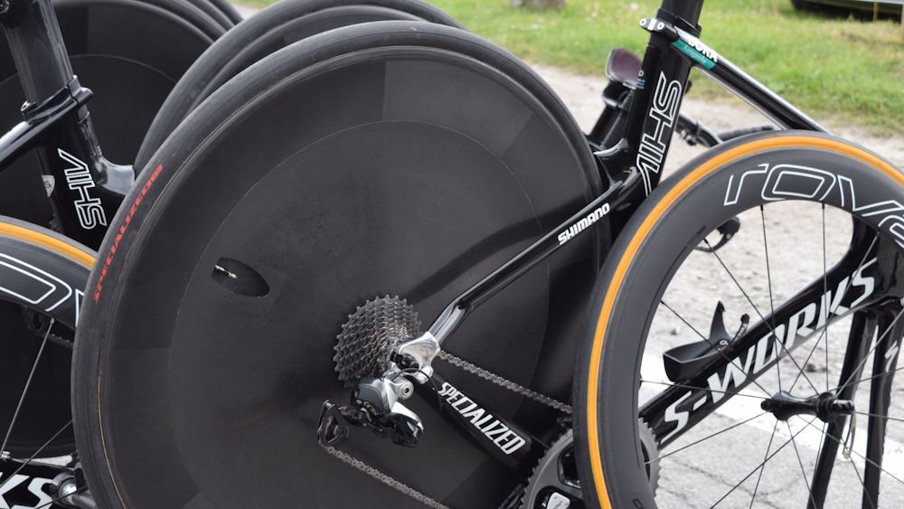 The Bora-hansgrohe team had de-stickered HED Stinger rear wheels for the prologue