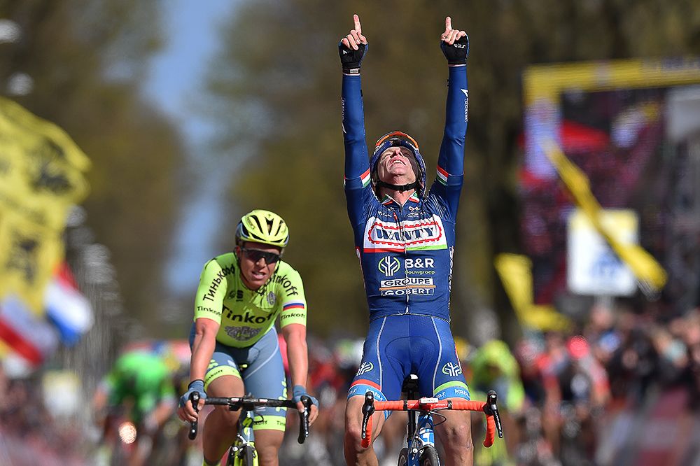 Enrico Gasparotto celebrates winning the 2016 Amstel Gold Race