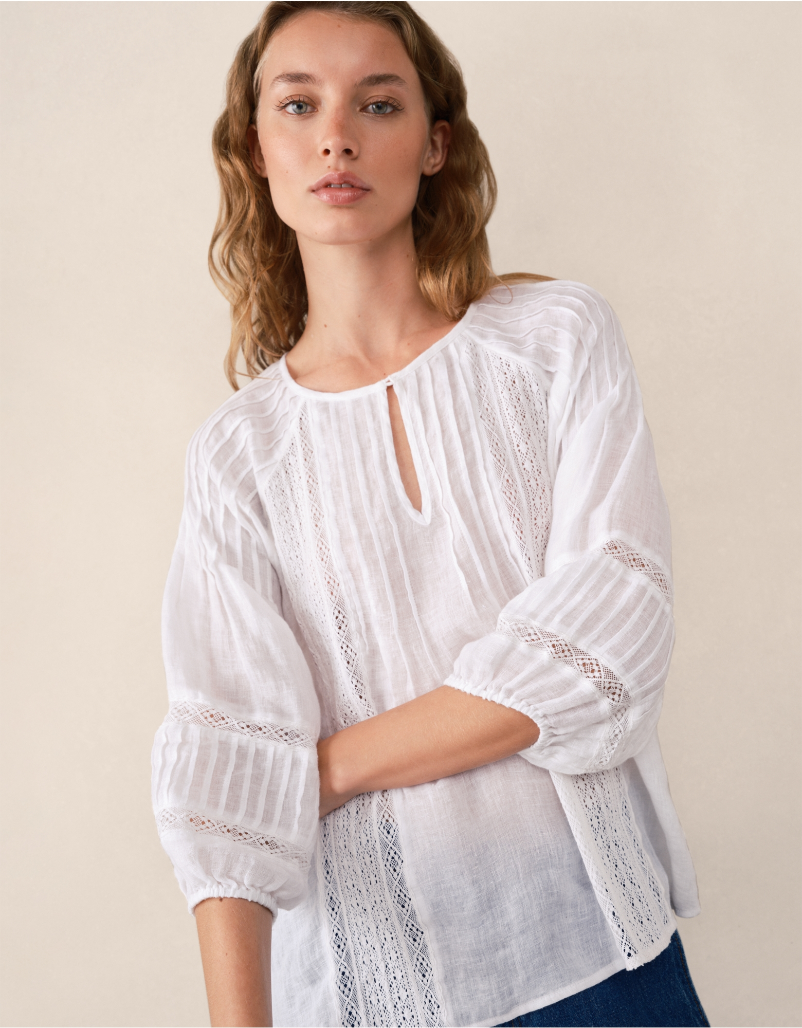 The White Company, Linen Gauze Pintuck Boho Blouse