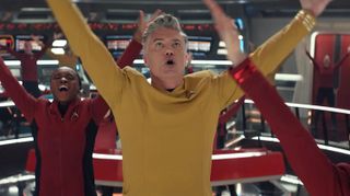Anson Mount as Captain Christopher Pike dancing on the starship enterprise
