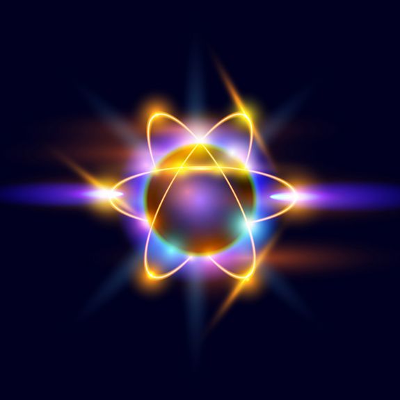 An atom consists of a nucleus of protons and neutrons, with electrons orbiting around. 