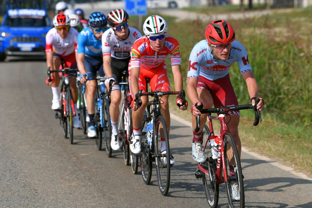 Enrico Battaglin (Katusha-Alpecin) at the head of the breakaway during Gran Piemonte