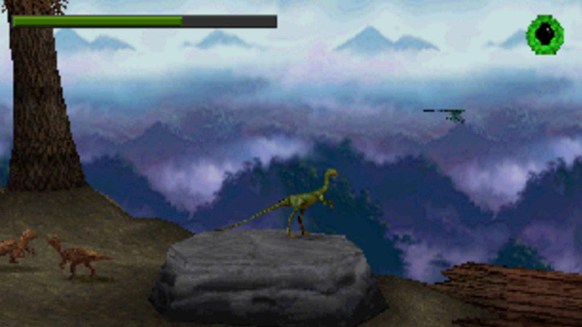 A dinosaur overlooking a cliff during one of the best Jurassic Park games, The Lost World: Jurassic Park