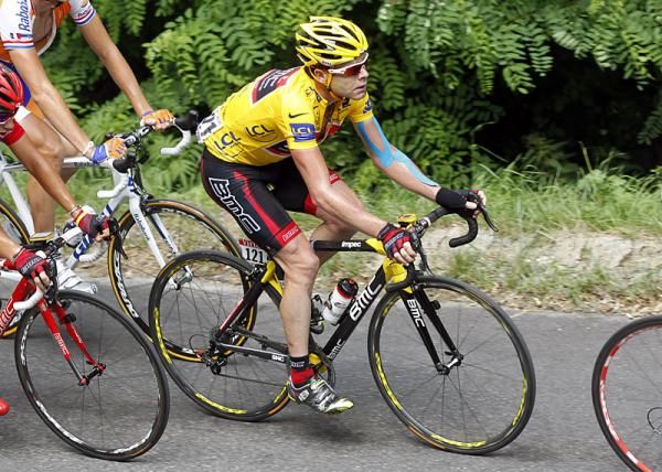 Race leader Cadel Evans (BMC) rode the ninth stage with a fractured elbow.