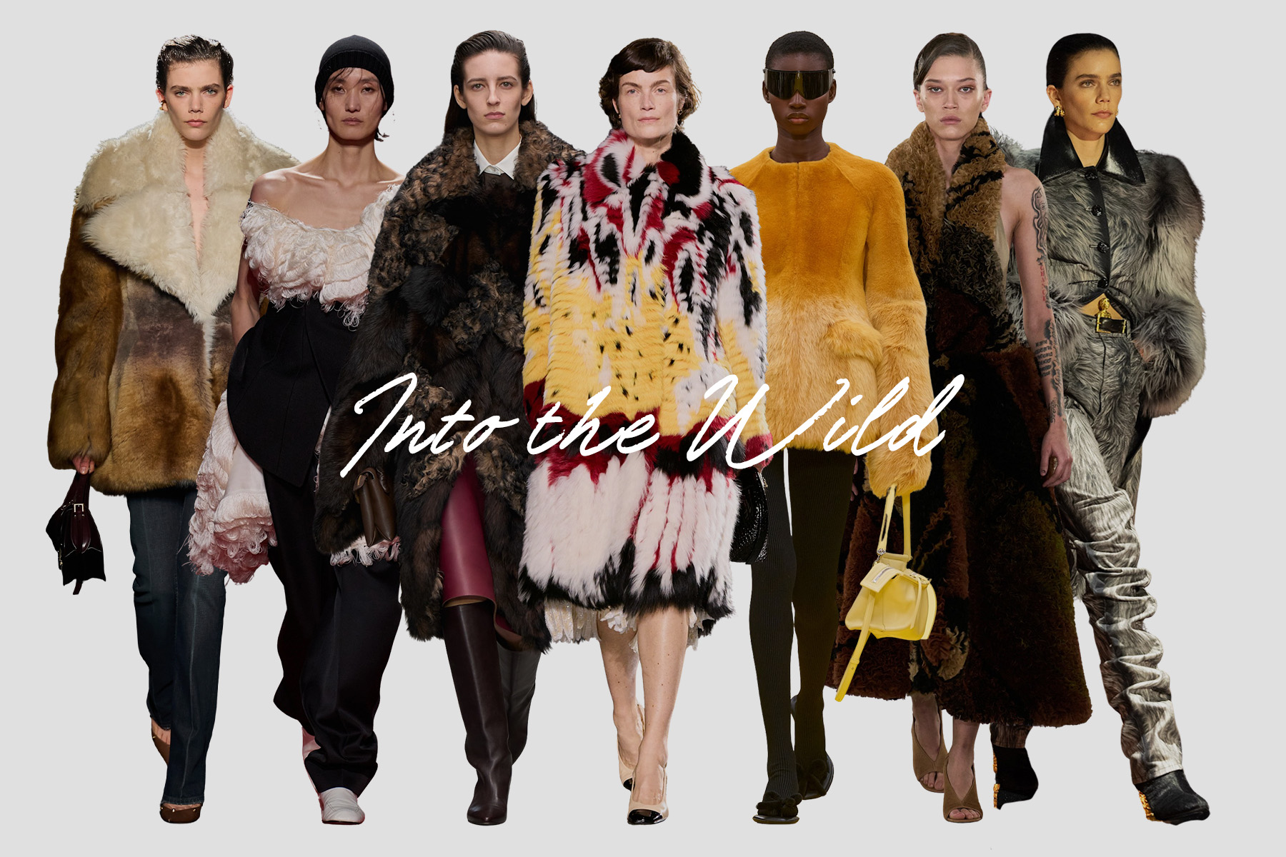 A collage spotlighting the fall/winter 2026 runway trend Into the Wild, featuring images from Balenciaga, Bottega Veneta, Calvin Klein, Chanel, Loewe, Diotima, and Schiaparelli.