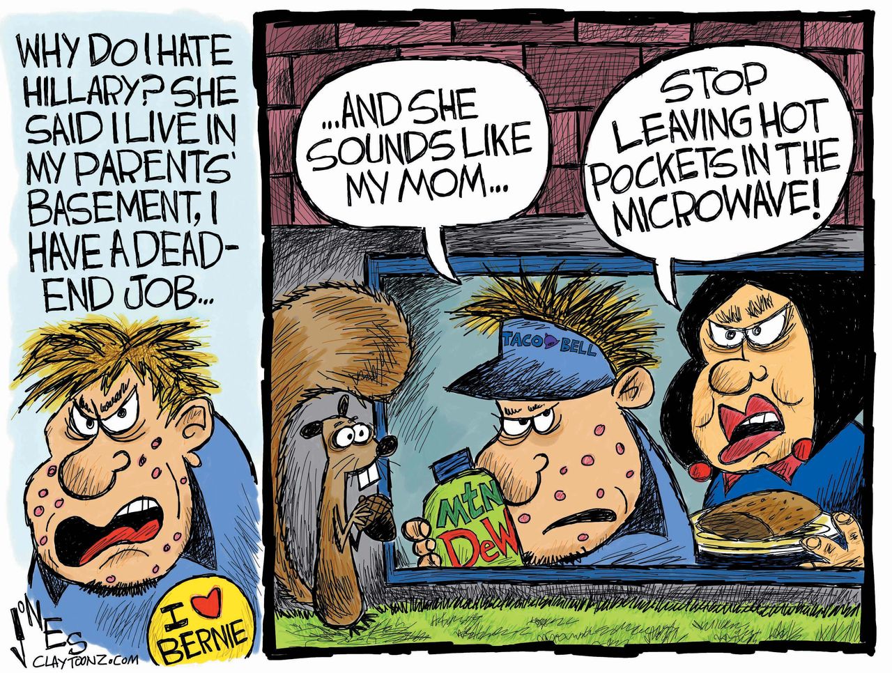 Political cartoon U.S. Hillary Clinton Bernie Sanders supporters