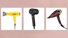 Drybar Buttercup, Shark and ghd Helios hair dryers on a pink background