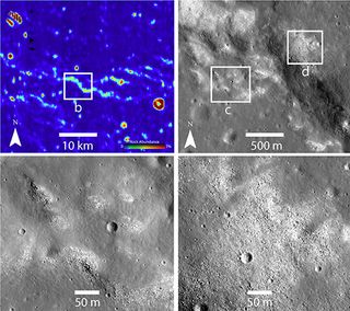 Infrared (upper left) and other images from NASA's Lunar Reconnaissance Orbiter show spots on the moon with ridges and no regolith. These observations could be evidence that there is active tectonic activity on the moon today.