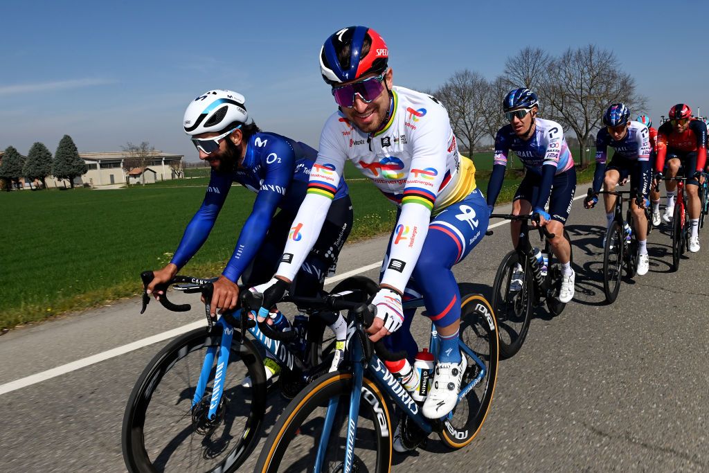 SANREMO ITALY MARCH 18 LR Fernando Gaviria Rendon of Colombia and Movistar Team Peter Sagan of Slovakia and Team TotalEnergies and Daryl Impey of South Africa and Team Israel Premier Tech compete during the 114th MilanoSanremo 2023 a 294km one day race from Abbiategrasso to Sanremo MilanoSanremo UCIWT on March 18 2023 in Sanremo Italy Photo by Tim de WaeleGetty Images
