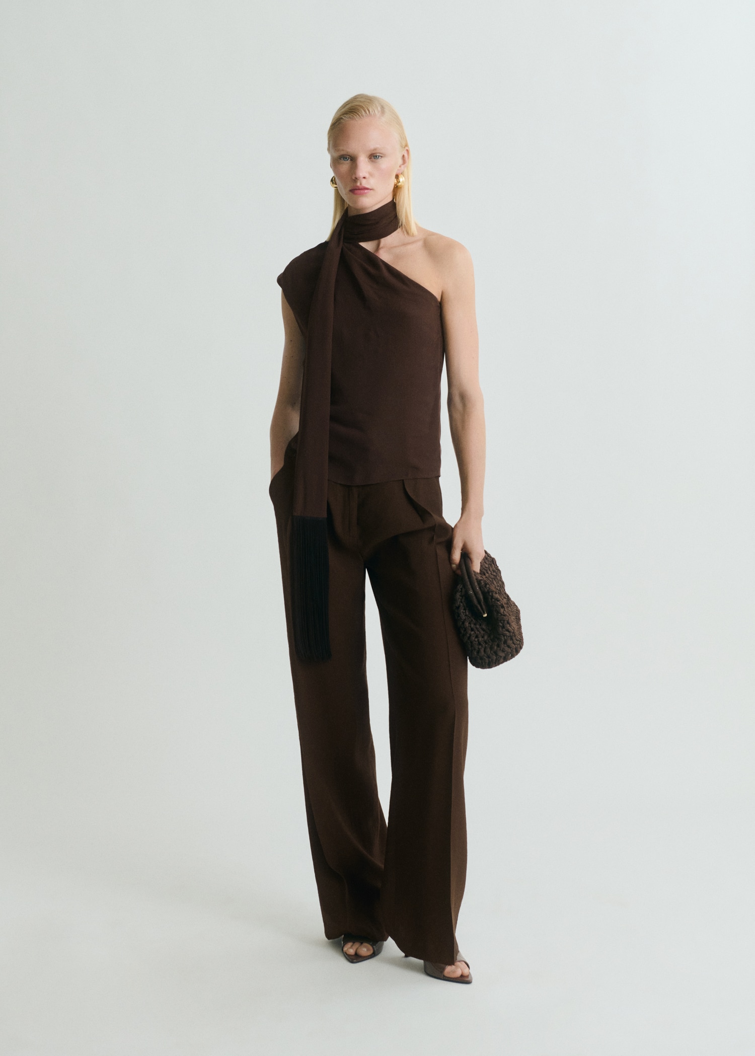 MANGO, Asymmetrical Scarf Blouse With Fringe Detail