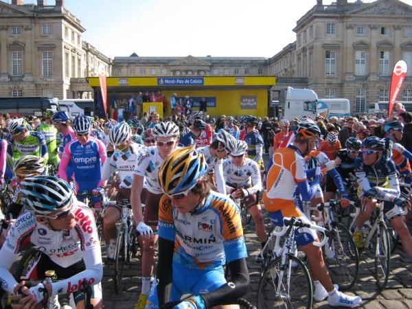 The riders gather for the start
