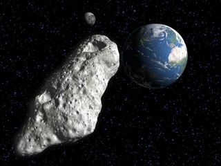 An artist's depiction of a near-Earth asteroid flying by our home planet.