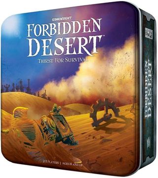 The box of board game Forbidden Desert, showing pieces of ancient technology half-buried in sand.