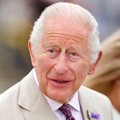 King Charles wearing a tan suit and smiling