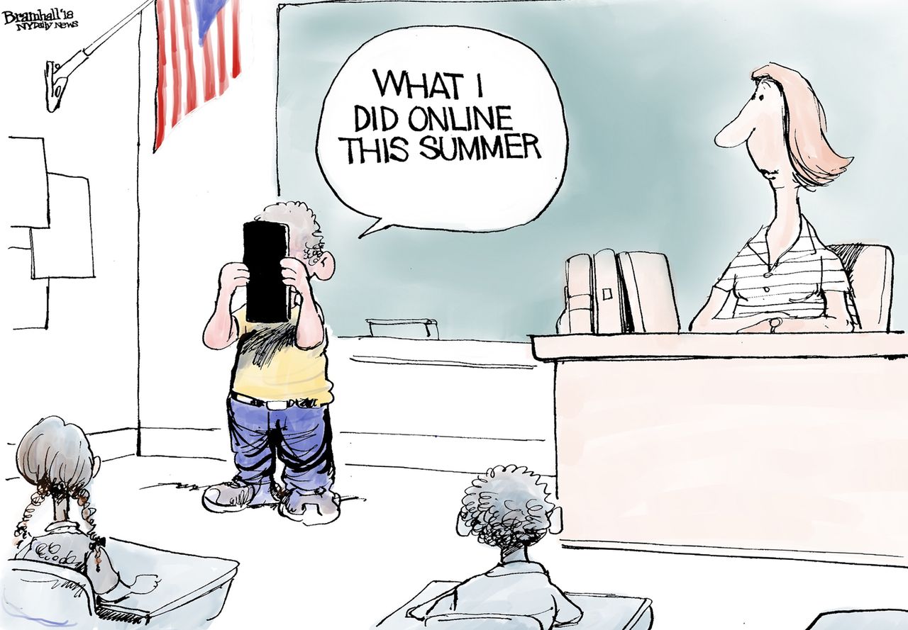 Editorial cartoon U.S. back to school online summer vacation