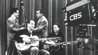 Les and Mary with Ed Sullivan (center), most likely at rehearsal for their appearance on The Ed Sullivan Show, August 19, 1951. Les is playing his first Klunker, series no. 6867