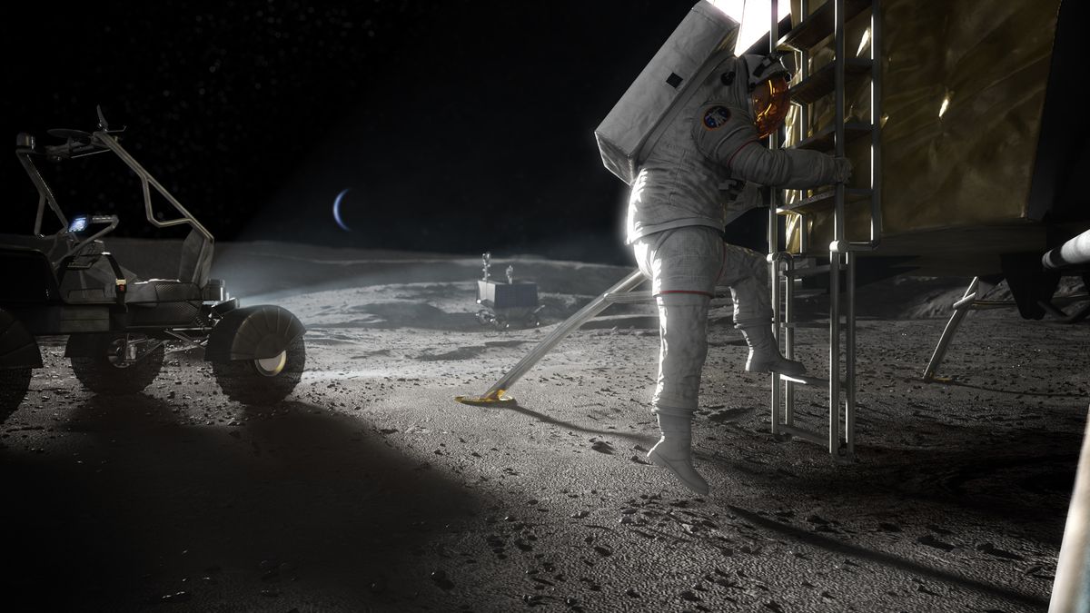 Artist&#039;s illustration of an Artemis astronaut stepping onto the moon.