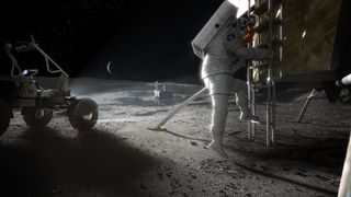 Artist's illustration of an Artemis astronaut stepping onto the moon.