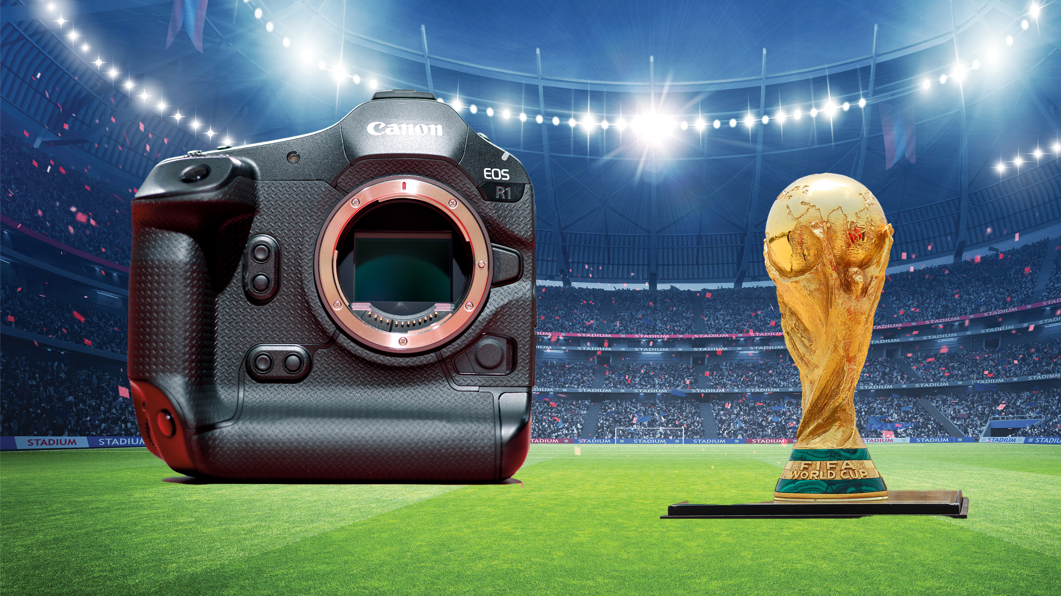 Canon R1 against stadium backdrop.