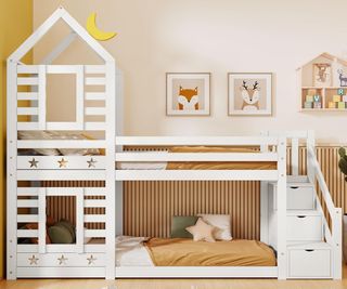 white low level bunk beds with house shaped slatted sides at bed end