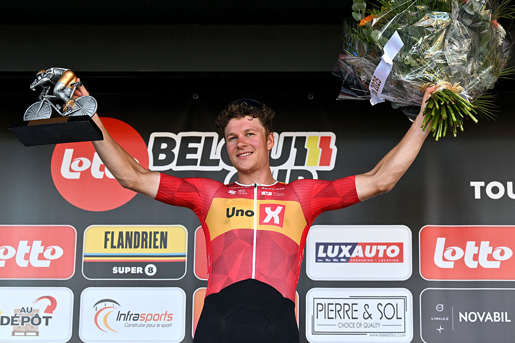 MONT-DE-L'ENCLUS, BELGIUM - AUGUST 15: Jonas Abrahamsen of Norway and Team Uno-X Mobilit celebrates at podium as race winner during the 84th Circuit Franco-Belge 2025 a 206.7km one day race from Tournai to Mont-de-l'Enclus on August 15, 2025 in Mont-de-l'Enclus, Belgium. (Photo by Luc Claessen/Getty Images)