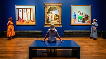 Two masterpieces (My Parents (1977 - R) and Looking at Pictures on a Screen (1977 - L)) by David Hockney that feature reproductions of Piero della Francesca's The Baptism of Christ