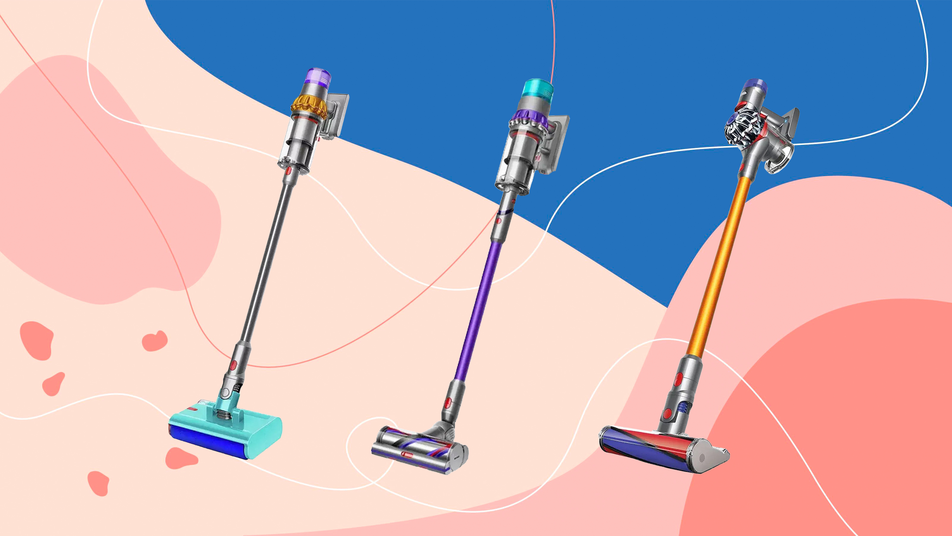 Three Dyson vacuums on a blue and pink background