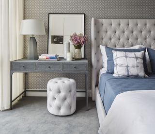 bedroom with vanity/home office desk/dressing table, wallpaper, stool, lamp, artwork, button backed headboard, blue and white bedding