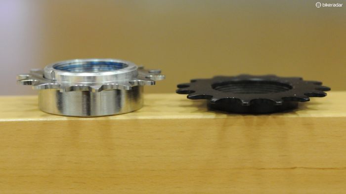 The new sprocket places the chain 6mm further outboard than a standard sprocket. Note the custom lock ring that sits in its own recess