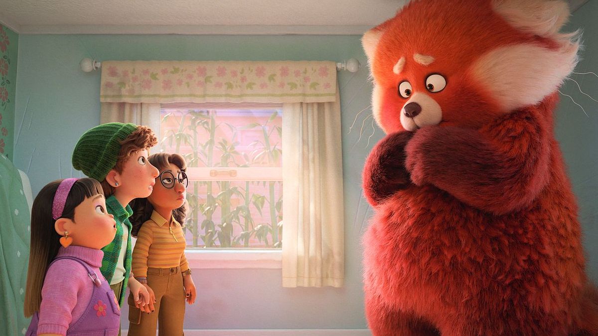 a scared Red panda and curious teens in Turning Red