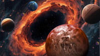 An illustration of a black hole with planets in front of it.